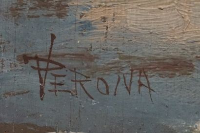 V. PERONA (ou P. VERONA) "Scène animée à l'entrée d'un village", huile sur panneau,...