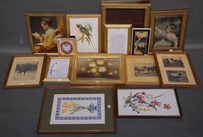 null Handle of 14 frames, oils, reproductions and various framed pieces.