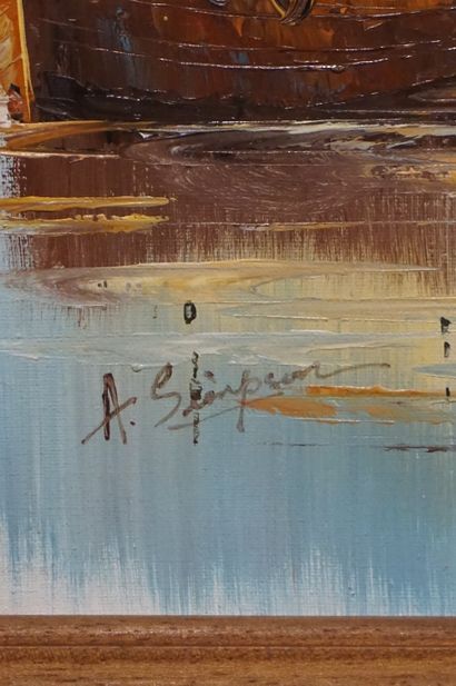 A. SIMPSON "Bateaux de pêche à quai", huile sur toile, sbg. 40x50 cm