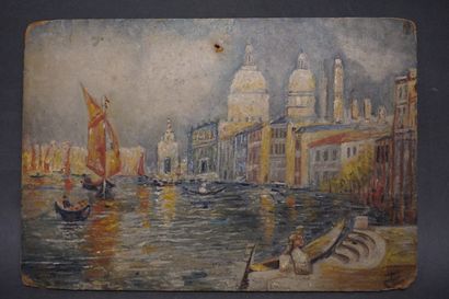 null Trois peintures sur carton ou panneau: "Venise" (percée, 16,5x24 cm), "Plage"...