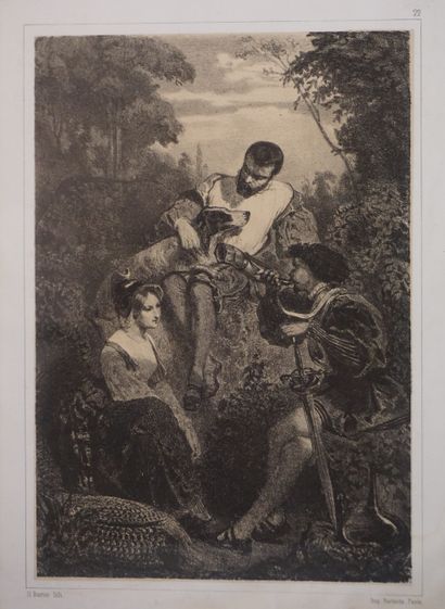 null D'après Henri Baron: "Pause à la chasse", gravure. 19x13 cm