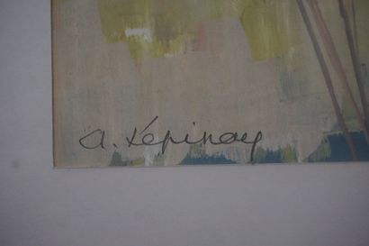 Annette LEPINAY Cinq huiles ou gouaches: "Sapins", "Bouquet de roses" (39x31 cm),...