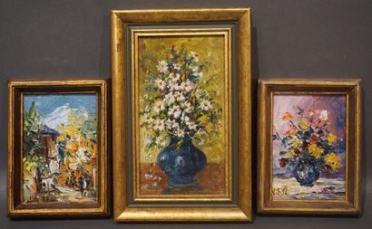 null Trois petites huiles: "Bouquets" et "Paysage" (13x9 cm)).