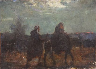null "La fuite en Egypte", huile sur toile, réentoilé (usures). 27,5x38 cm