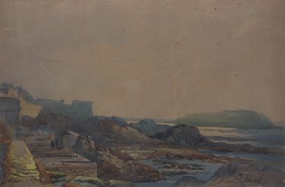 Victor de WALSH-JACKSON (XIX°) "Ville fortifiée sur la côte", aquarelle, sbd, daté...