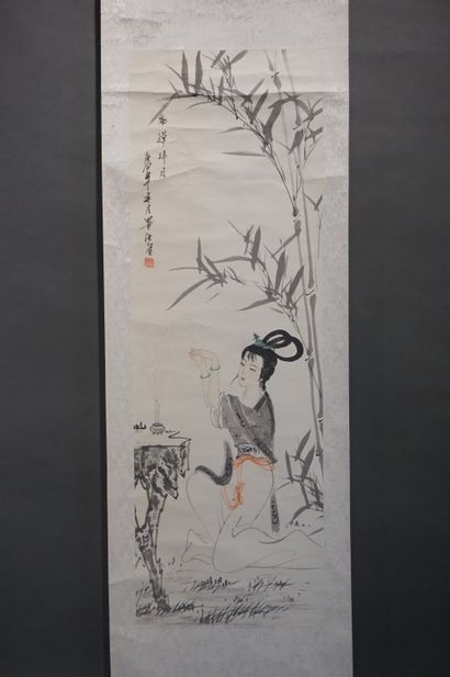 null Asian painted scroll with woman with incense. 145 cm