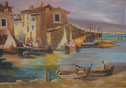J. CALVET "Port méditerannéen", huile sur isorel, sbd. 33x46 cm