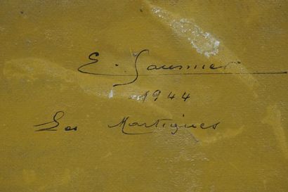 E. SAUGNIER "Les Martigues", huile sur panneau, shg, situé et daté au dos 1944. 23x32...