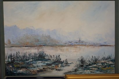 null Set of six oils, washes, watercolors and framed pieces including "Lake landscape"...