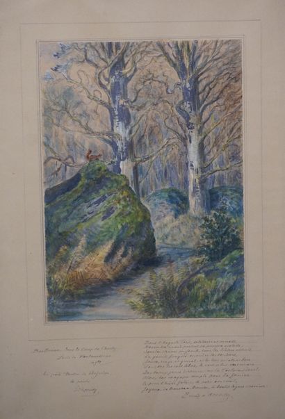 Ernest d'HERVILLY "Sous-bois à Fontainebleau", aquarelle, monogrammé en bas à droite,...