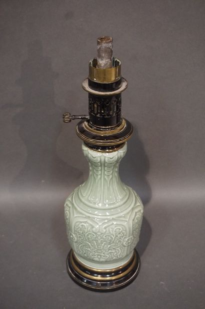 null Asian celadon porcelain vase mounted in lamp. 41 cm