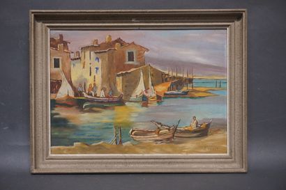 J. CALVET "Port méditerannéen", huile sur isorel, sbd. 33x46 cm