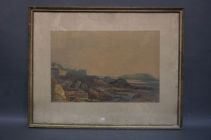 Victor de WALSH-JACKSON (XIX°) "Ville fortifiée sur la côte", aquarelle, sbd, daté...