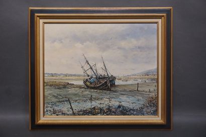 Michel GIRARD (1939) "Chalutiers", huile sur toile, sbg, situé à Dives-sur-mer. 54x65...
