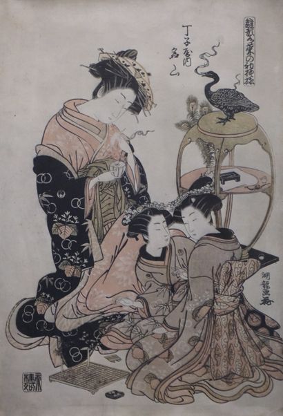 null "Trois geishas", reproduction japonaise. 30x20 cm