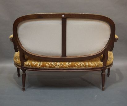 null Sofa in natural wood with gilded bronze ornaments, upholstered in green velvet....