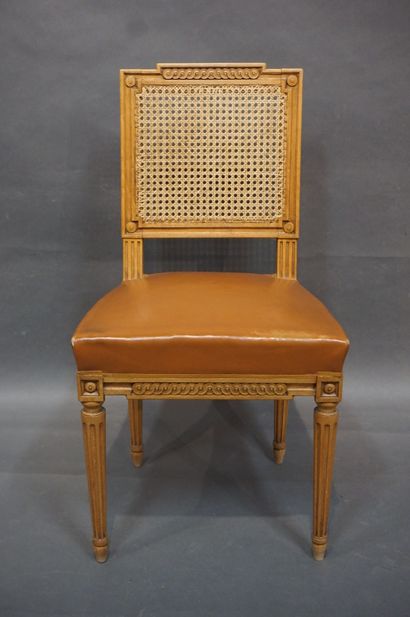 null Pair of molded and carved natural wood chairs with caned backs, upholstered...