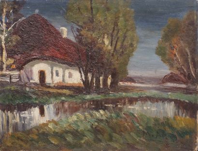 null "Chaumière au bord de l'étang", huile sur toile, sbd. 27x35 cm