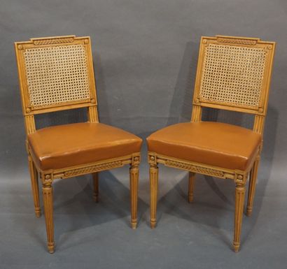null Pair of molded and carved natural wood chairs with caned backs, upholstered...