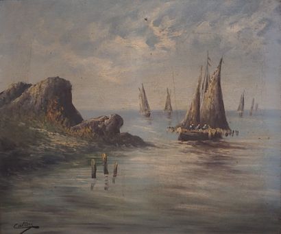 Henri CATROU (XIX°-XX°) "Voiliers de pêche sur la côte", huile sur toile, sbg (usures,...