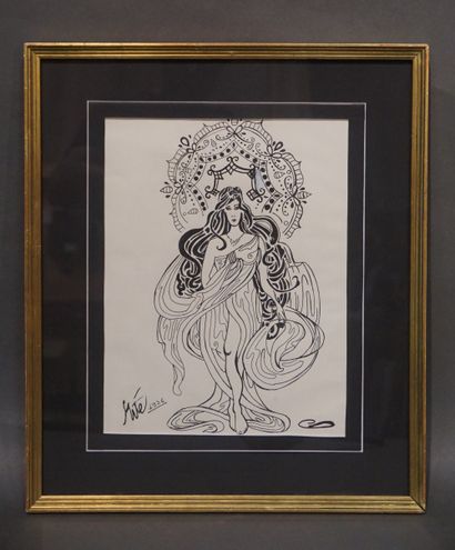 null "Femme au drapé", feutre, signé Erté (?), daté 1936. 26,5x20 cm