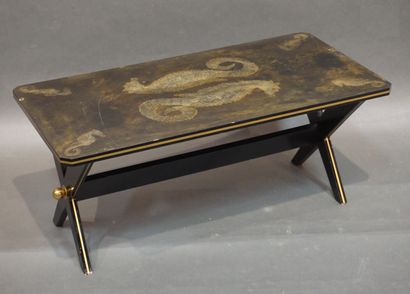 null Coffee table in blackened wood with silvered resin decoration of seahorses (small...