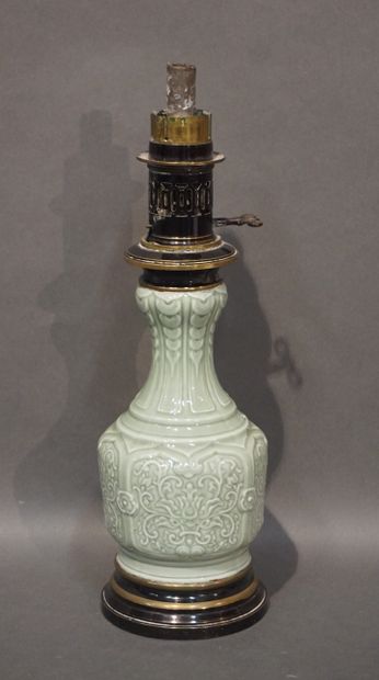 null Asian celadon porcelain vase mounted in lamp. 41 cm