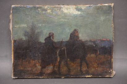 null "La fuite en Egypte", huile sur toile, réentoilé (usures). 27,5x38 cm