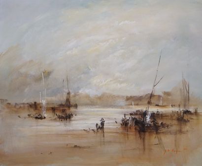 Jean-Michel NOQUET (1950-2015) "Sur la plage", huile sur panneau, sbd. 53x64 cm