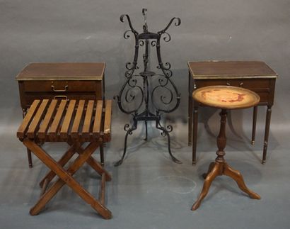 null Lot of a pair of bedside tables, a small tripod pedestal table, a folding stool...