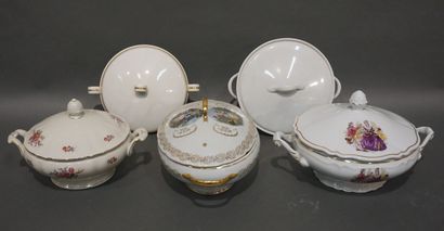 
Cinq soupières en porcelaine, Limoges, Bavaria...