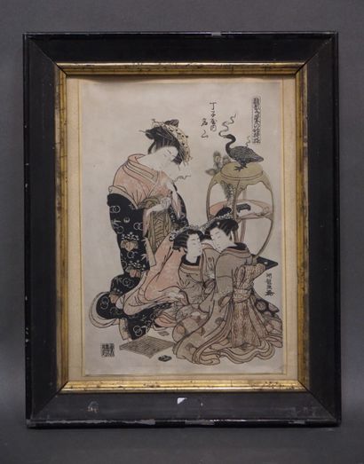 null "Trois geishas", reproduction japonaise. 30x20 cm