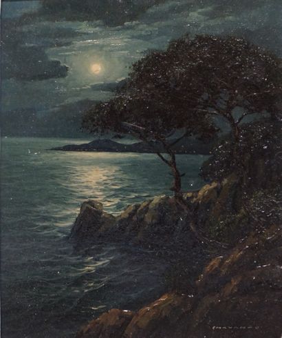 CHAVANNE "Clair de lune sur la côte", huile sur isorel, sbd. 27x22 cm