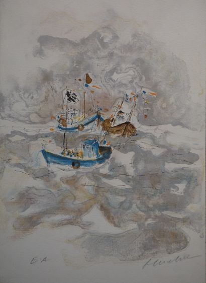 null "Bateaux de pêche", lithographie, E.A., sbd. 38x27 cm