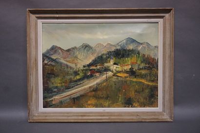 Gaston TYKO (1918-?) "Village de montagnes", huile sur toile, sbg (léger enfoncement)....