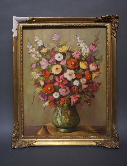 Paul FERON "Bouquet de fleurs", huile sur isorel, sbd. 35x27 cm