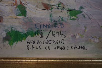 LINARD (?) "Place du jeu de paume à Henrichemont", technique mixte, sbd, daté 1986....