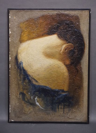 Alain TREBERN "Femme au châle bleu", acrylique sur toile, sbg (manques). 65x46 c...