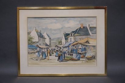 A. JOULAIN "Marché breton", aquarelle, sbd. 37x52 cm