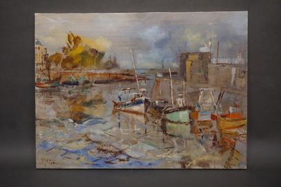 Jean-Paul ULYSSE "Après-midi à Honfleur", huile sur toile, sbg, daté 1985. 54x73...