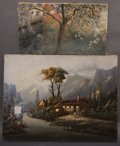 null Deux huiles: "Paysage de montagnes" (usures, restaurations, 48,5x65 cm) et "Arbre...
