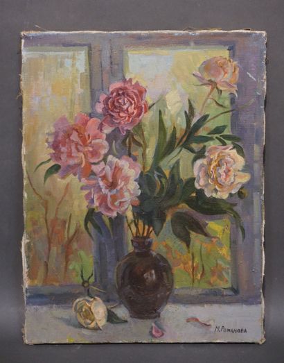 M. POMAHOBA "Bouquet de fleurs", huile sur toile, sbd. 55x42 cm