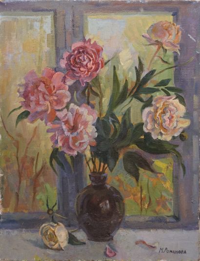 M. POMAHOBA "Bouquet de fleurs", huile sur toile, sbd. 55x42 cm