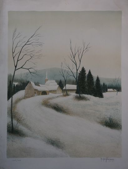 null D'après Richard Litzelmann (1951): "Paysage de neige", lithographie, 208/300,...