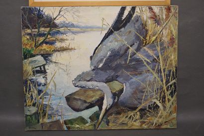 null Trois tableaux, Girardon: "Héron", huile, sbg (65x81 cm) ; Friedrich: "Canal",...