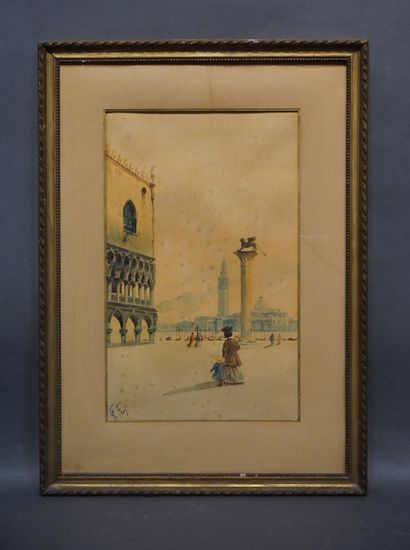 null "Venise, place Saint Marc", aquarelle, sbg (mouillures). 44,5x27,5 cm