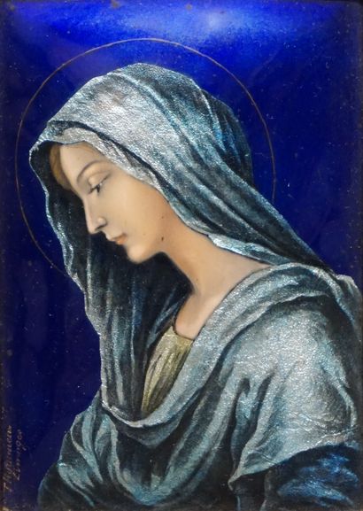 LIMOGES Plaque en émail de Limoges: "Vierge", signé. 9,5x7 cm