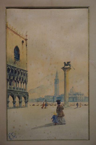 null "Venise, place Saint Marc", aquarelle, sbg (mouillures). 44,5x27,5 cm