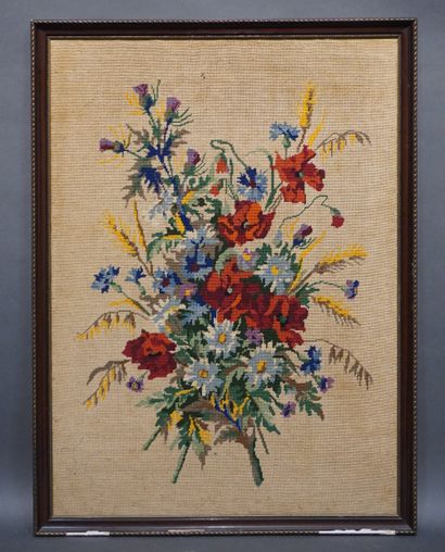 null Canevas encadré: "Bouquet de fleurs". 77,5x58 cm