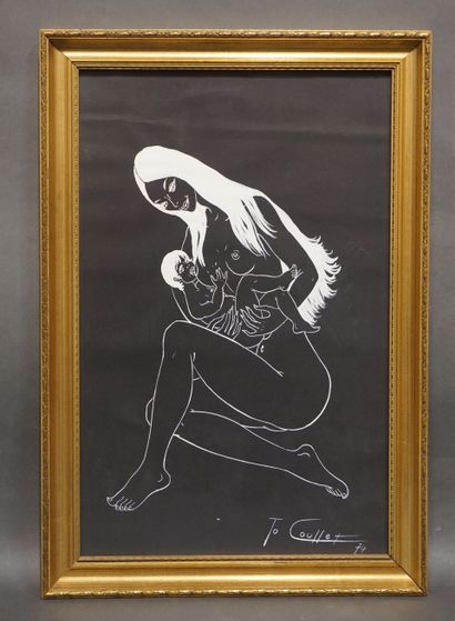 null Jo Coullet: "Femme allaitant", pièce encadrée, sbd, daté 1974. 48x31 cm